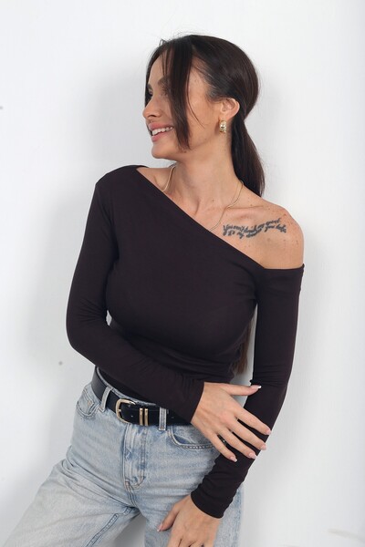 By Saygı Γυναικεία μπλούζα με μακρύ μανίκι με έναν ώμο με λαιμόκοψη και μπλούζα με μακρύ μανίκι