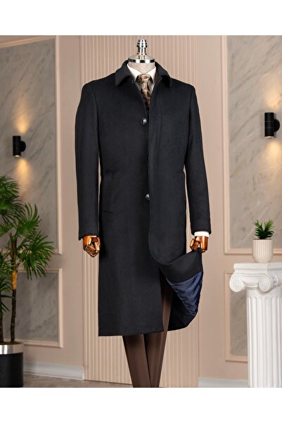 TerziAdemAltun İtalyan stil klasik kalıp yün karışımlı kaşe erkek kaban lacivert T14684