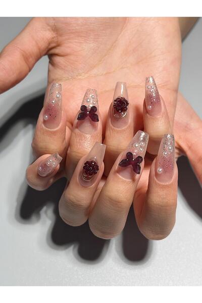 NailsTell 099 M Beden Pembe Simli Ombre Kelebek Gül Protez Jel Takma Tırnak V...