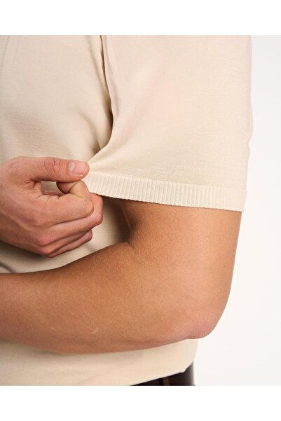 TerziAdemAltun Italian Style S Slim Fit Crew Neck Knitwear T-Shirt Beige T13140