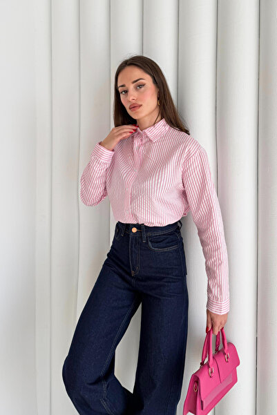 Genel Markalar Kadın Pembe Çizgili Oversize Basic Gömlek