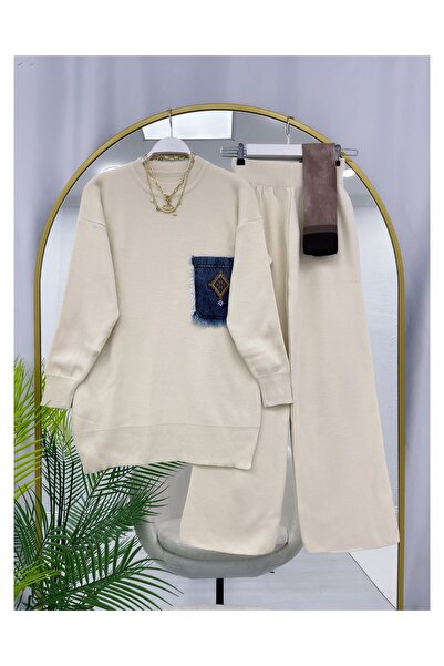 YEDİLALE Denim Pocketed Casual Knitwear Double Set [Standard Size, Includes Tunic and Pants]