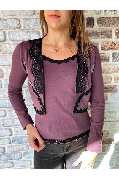 AGORATEKSTİL Women's Italian Sim Bead and Sequin Detailed Bolero Set Blouse and Vest 36-42