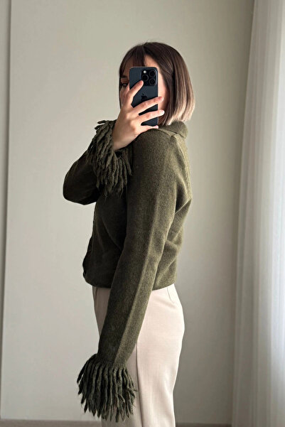 Kubos Moda Polo Neck Khaki Cardigan with Tassel Sleeves