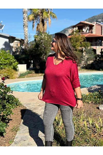 Punta Otantik Nc82581 Glitter V-Neck Knit Blouse Burgundy