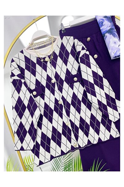 YEDİLALE Gold Buttoned Baklava Pattern Cardigan Skirt Knitwear Double Set [Jacket and Skirt Are Included in the Price.]