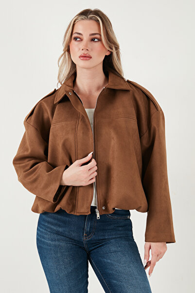 Lela Oversized Fit Classic Collar Suede Textured Bomber Jacket Coat Coat 6524932