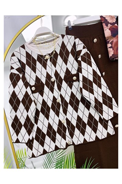 YEDİLALE Gold Buttoned Baklava Pattern Cardigan Skirt Knitwear Double Set [Jacket and Skirt Are Included in the Price.]