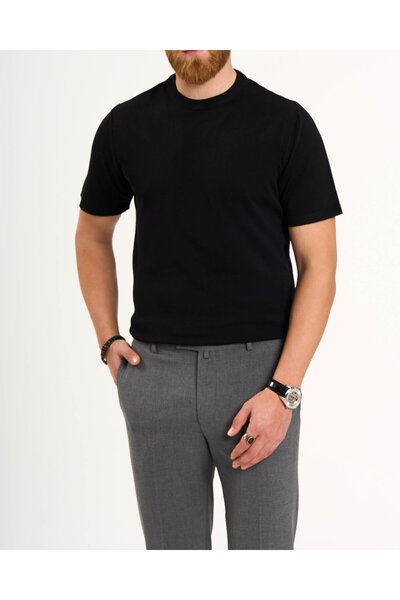 TerziAdemAltun Italian Style S Slim Fit Crew Neck Knitwear T-Shirt Black T13141