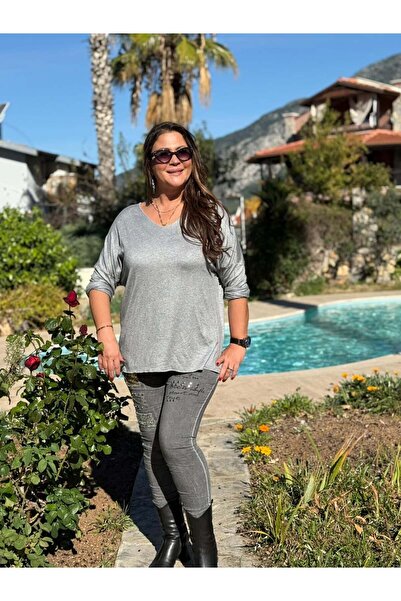 Punta Otantik Nc82581 Glitter V-Neck Knit Blouse Gray