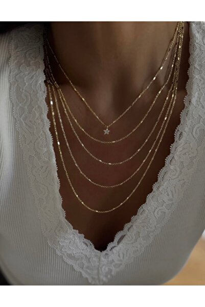 mibrillo Tek zincir çoklu görünümlü yıldız detaylı çıtır 5li kolye