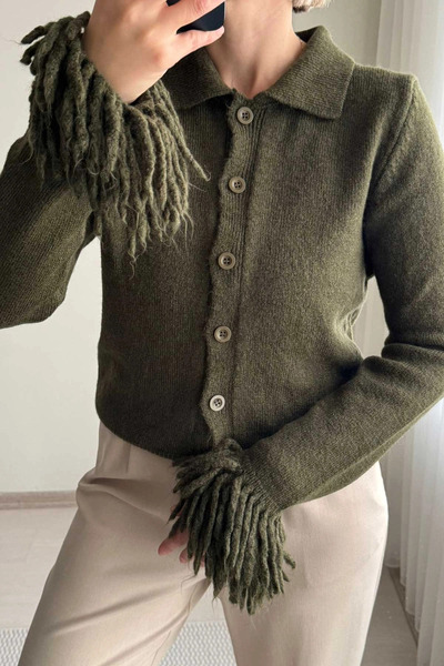 Kubos Moda Polo Neck Khaki Cardigan with Tassel Sleeves