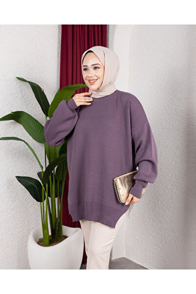 HİRA LİFE FASHİON Women's Testtür Clothing Crew Neck Slit Detail Stone and Ba...