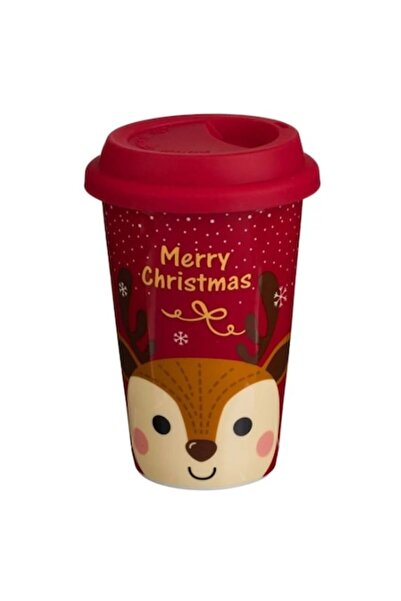 AB HOMES Cană termică de Crăciun 385ml, New Bone, roșie cu reni, capac din silicon