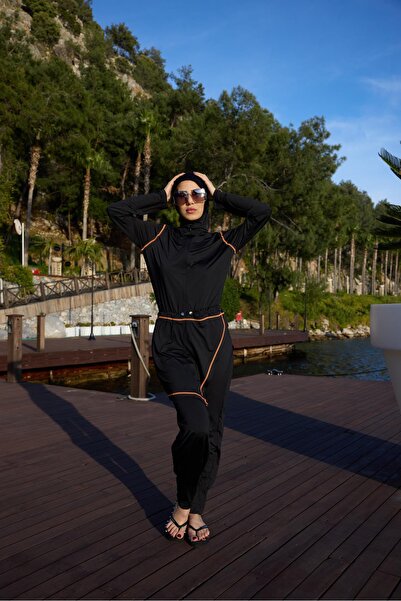 NS TASARIM MAYO Asena Model Orange Striped Allerli Lycra Design Hijab Jumpsui...