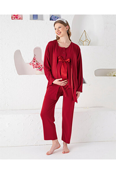 JENİKA Women's Maternity 3-Piece Pajama Set – Stylish Lace and Practical Button Detailing