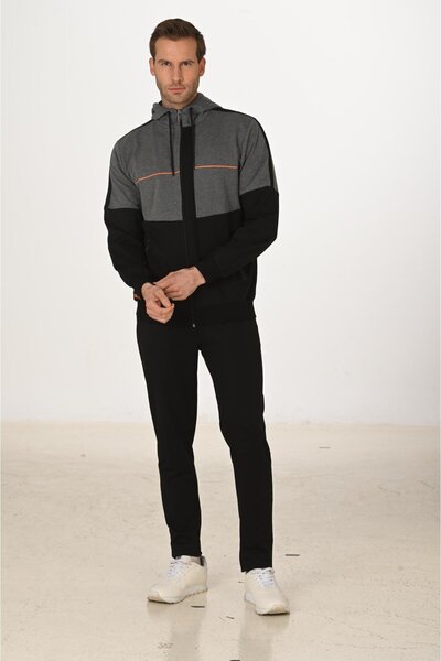 Marco Ferry Men's Cotton Full Zip Hooded Tracksuit Set Black 5287-S