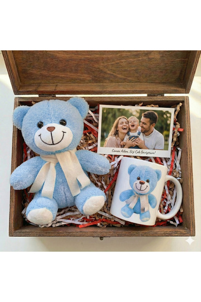 Hr Production Özel Gün Kişileştirilebilir Mavi Büyük Peluş Set|25cm Ayıcık,Ku...