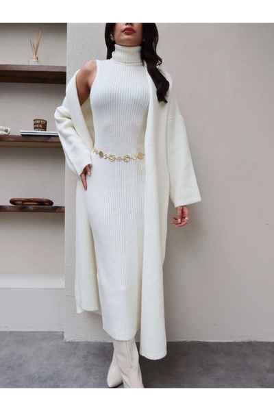 ESRAHELVACI Corded Fabric Turtleneck Dress Cardigan Set