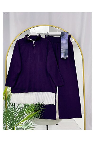 YEDİLALE Zipped Stand-Up Collar Casual Knitwear Double Set [Excluding Underwear and Shawl]