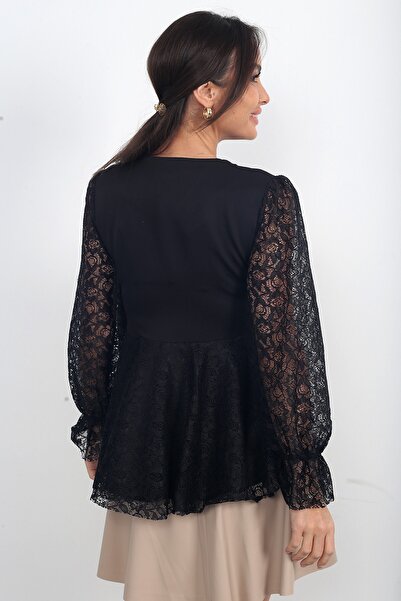 By Saygı Women's Half Buttoned Front Tulle Detailed Flounce Blouse