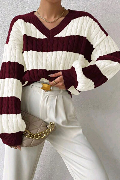 H&E LUXURY DESIGN Women's V-Neck Hair Knitting Detailed Soft Textured Sweater