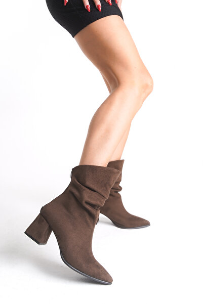 ELAIA SHOES Aria Brown Suede Back Zipper Ruched Detail Women's Heeled Boots