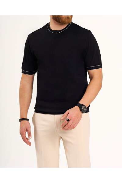 TerziAdemAltun Italian Style S Slim Fit Crew Neck Knitwear T-Shirt Black T13761