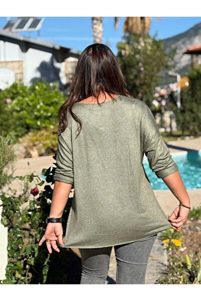 Punta Otantik Nc82581 Glitter V-Neck Knit Blouse Khaki