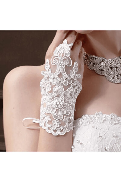 CRM Elegant Women's Lace Gloves with Floral Embroidery and Adjustable Lace-Up, White