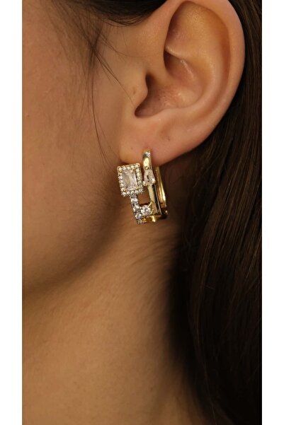 Jerie Gold Square Zircon Stone Detailed Hoop Earrings