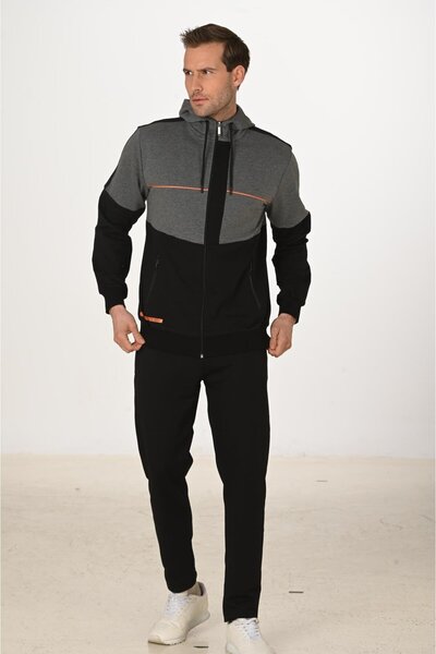 Marco Ferry Men's Cotton Full Zip Hooded Tracksuit Set Black 5287-S