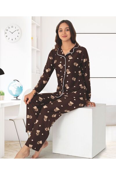 zahider Σετ πιτζάμες από βαμβακερό καστόρι με κουμπιά για μητέρα και κόρη