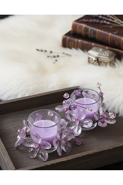 MyBalliStore 2'li Akrilik Çiçekli Cam Bardak Mor Mum