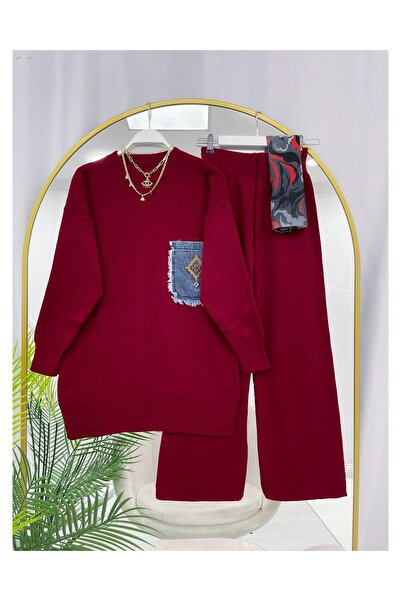 YEDİLALE Denim Pocketed Casual Knitwear Double Set [Standard Size, Includes Tunic and Pants]