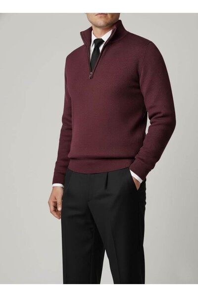 TerziAdemAltun Italian Style S Slim Fit Zipper Polo Neck Knitwear Sweater Burgundy T14943