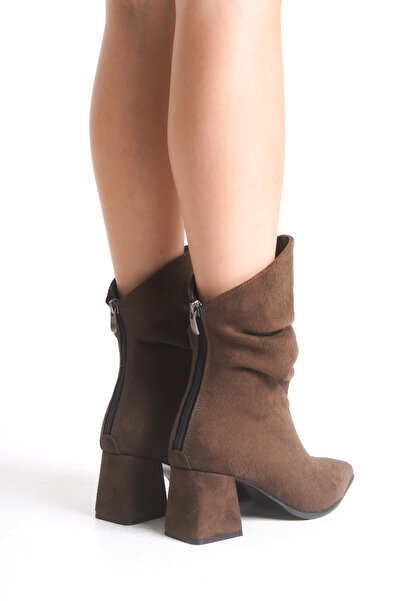 ELAIA SHOES Aria Brown Suede Back Zipper Ruched Detail Women's Heeled Boots