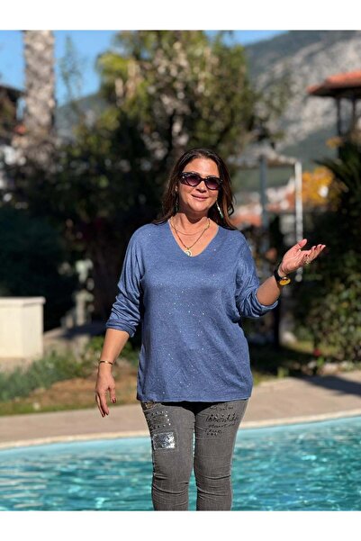 Punta Otantik NC82581 Πλεκτό μπλουζάκι με λαιμόκοψη σε σχήμα V μπλε