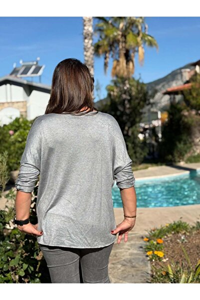 Punta Otantik Nc82581 Glitter V-Neck Knit Blouse Gray