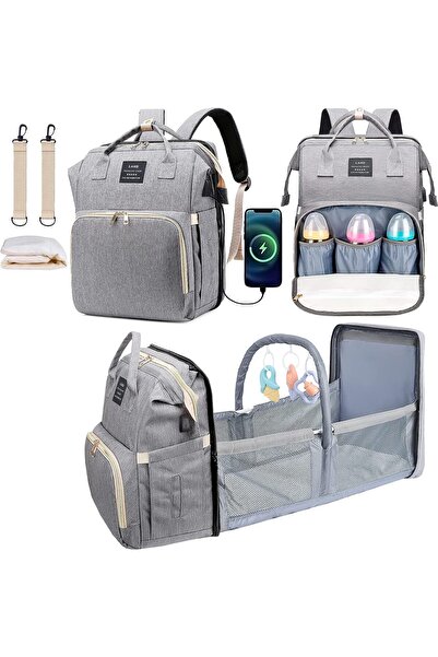 DMG TECH حقيبة ظهر للحفاضات مع محطة تغيير، وقضيب ألعاب، ومنفذ USB - رمادي
