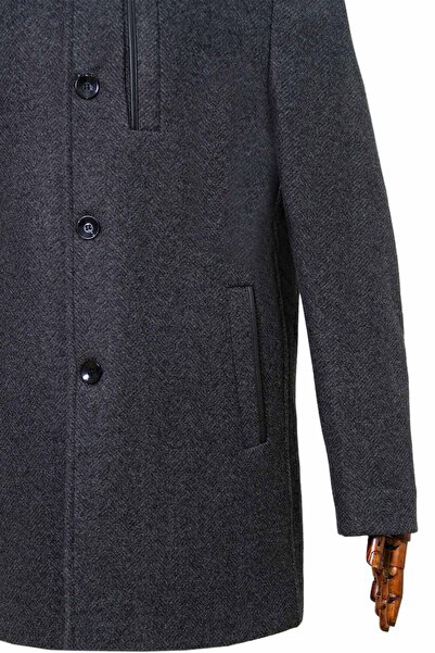 SÜVARİ Hakim Yaka Loose Fit Patterned Wool Anthracite Men's Coat