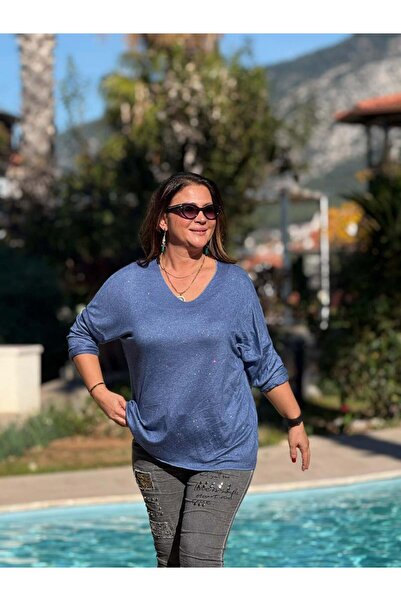 Punta Otantik NC82581 Πλεκτό μπλουζάκι με λαιμόκοψη σε σχήμα V μπλε