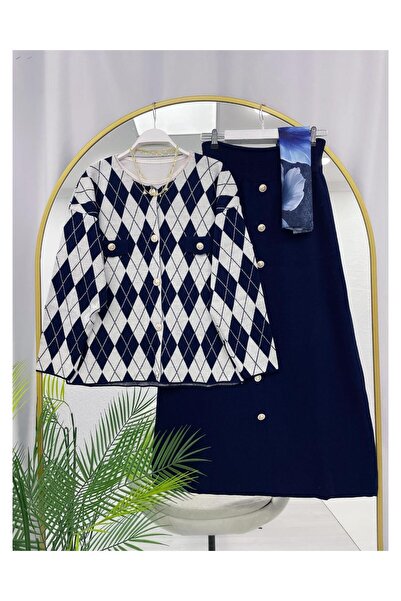 YEDİLALE Gold Buttoned Baklava Pattern Cardigan Skirt Knitwear Double Set [Jacket and Skirt Are Included in the Price.]