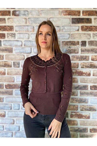 AGORATEKSTİL Women's Italian Sim Bead and Sequin Detailed Bolero Set Blouse and Vest 36-42