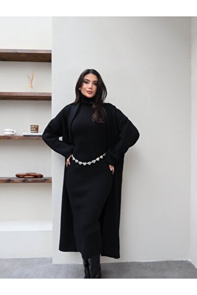 ESRAHELVACI Corded Fabric Turtleneck Dress Cardigan Set