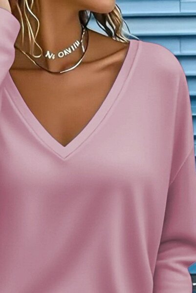 Mossta Μπλούζα με λαιμόκοψη V από βισκόζη με δύο κλωστές - Ροζ
