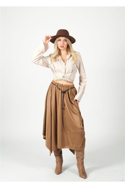 NIXIE COLLECTION Camel Kemerli Süet Kloş Mıdı Etek