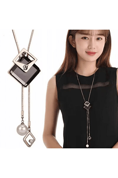 CRM Elegant women's necklace CRM, gold chain with grey square pendant, 75 cm