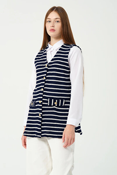 Hatun Atila Hatunatila Striped Knitwear Vest 7707 Navy Blue