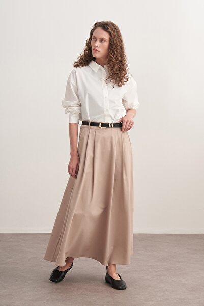 EBU Prive Women's Gabardine Double Pleated Skirt Beige